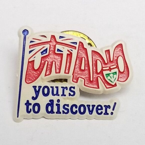 Vintage Ontario Yours To Discover Plastic Pin, Red White Blue Brooch, Estate - Picture 1 of 6